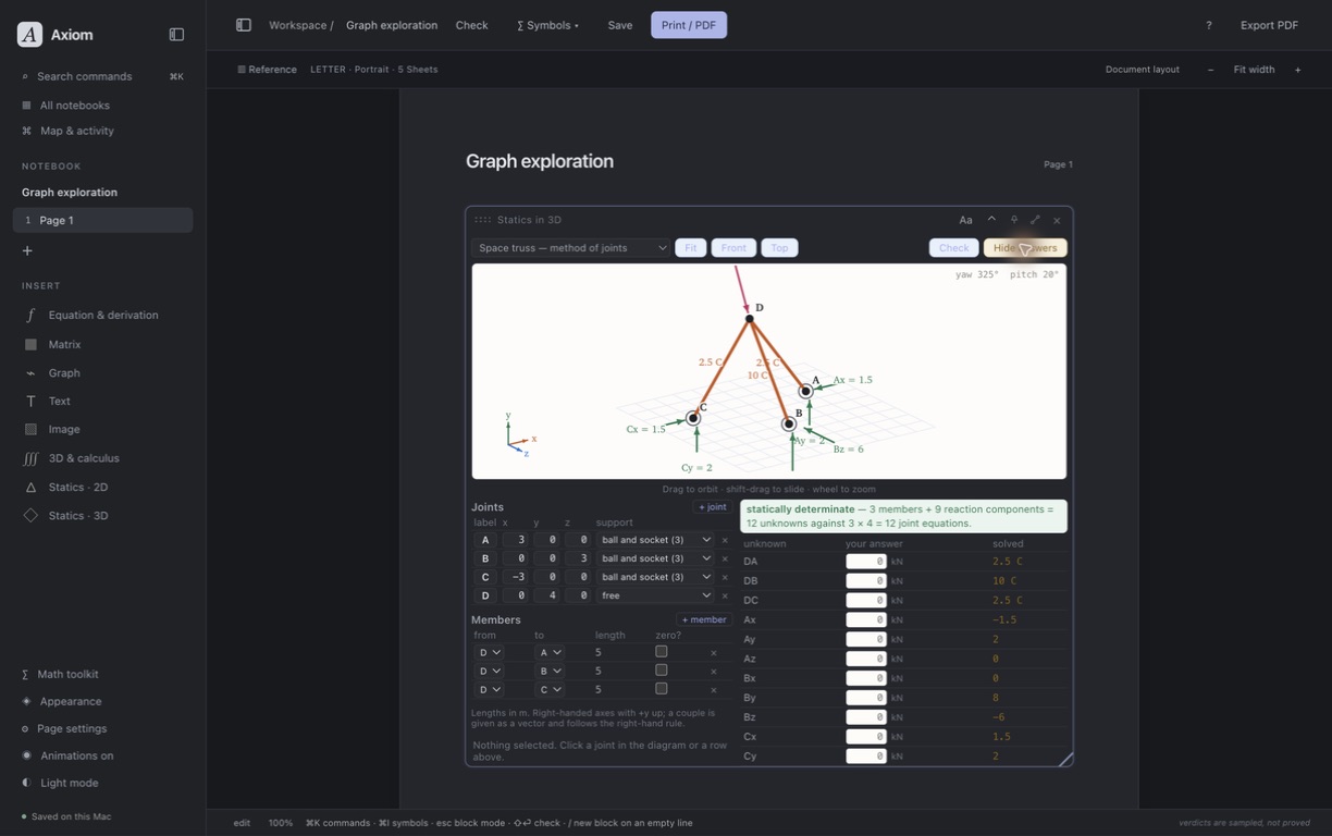 Axiom workspace showing a 3D statics calculation
