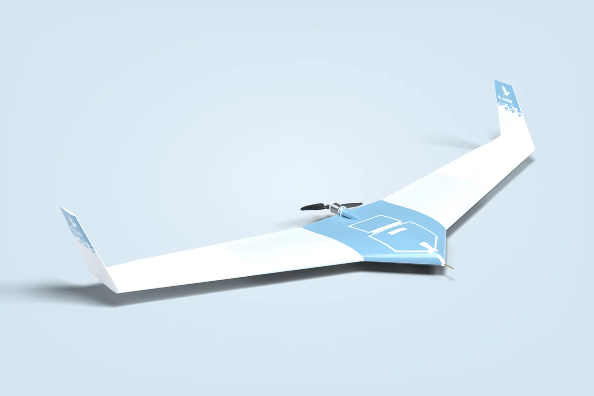 CAD render of BLUEBIRD, a blue-and-white blended-wing survey drone