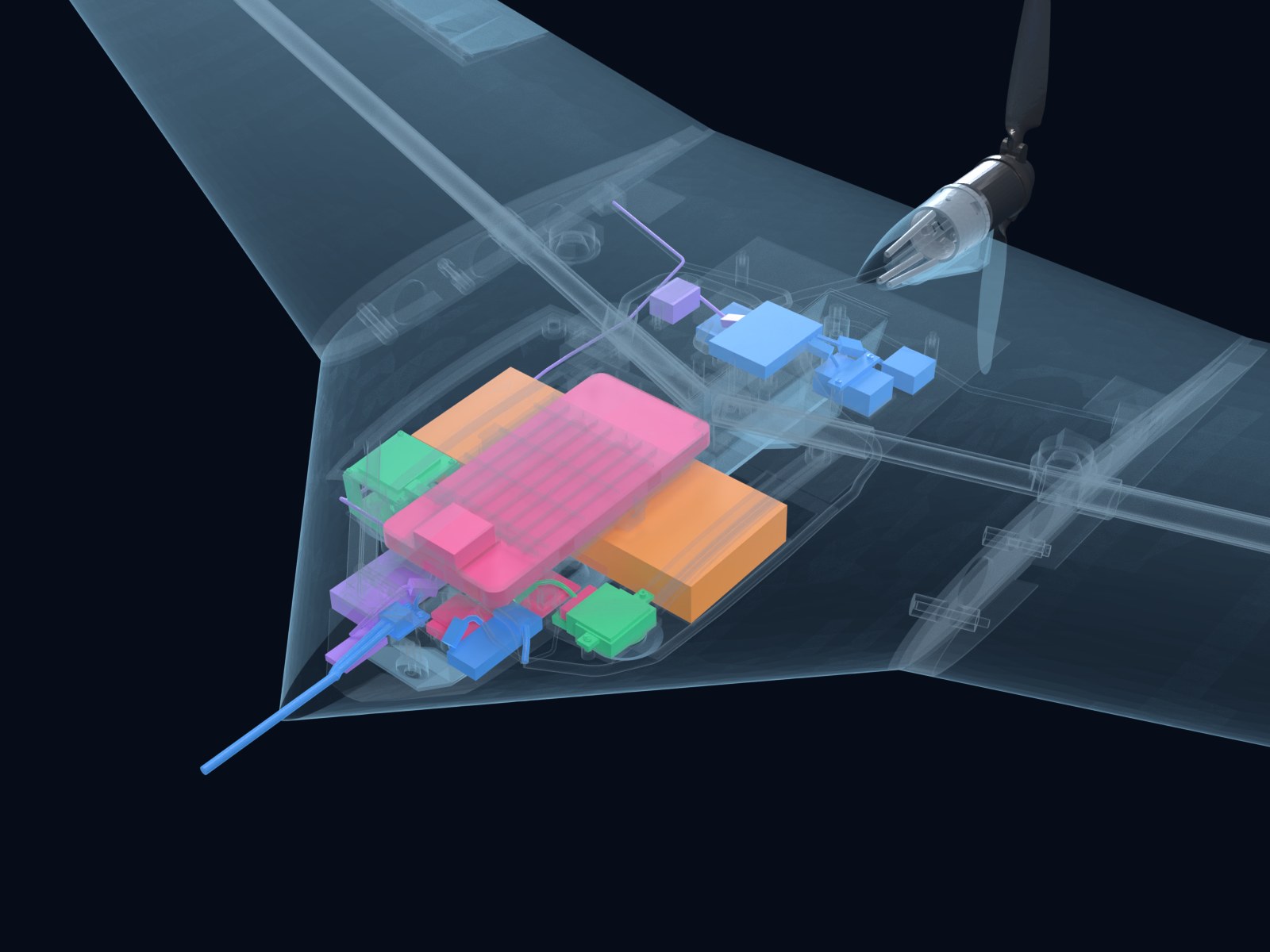 BLUEBIRD x-ray, 3/4 view: phone over a single 8-cell pack, cameras in the nose