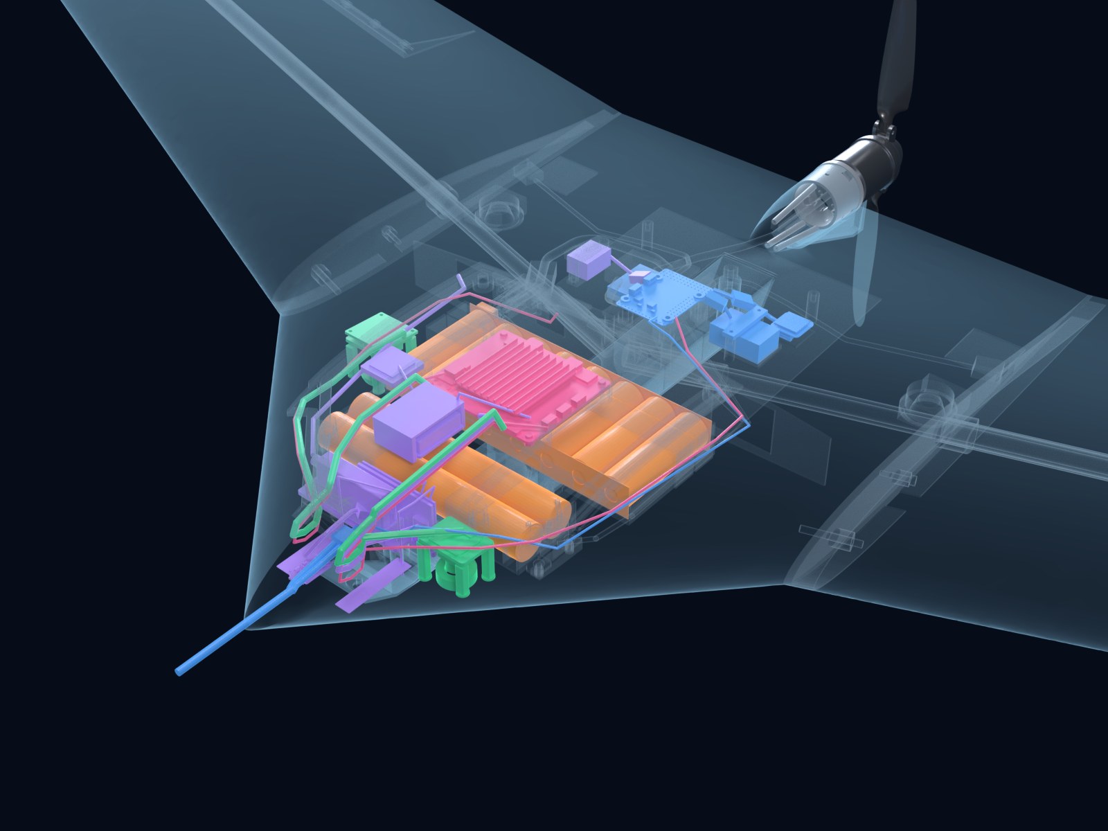 BLUEBIRD NEXT x-ray, 3/4 view: companion board over an 8-cell main pack, 4-cell nose pack, new radio bays